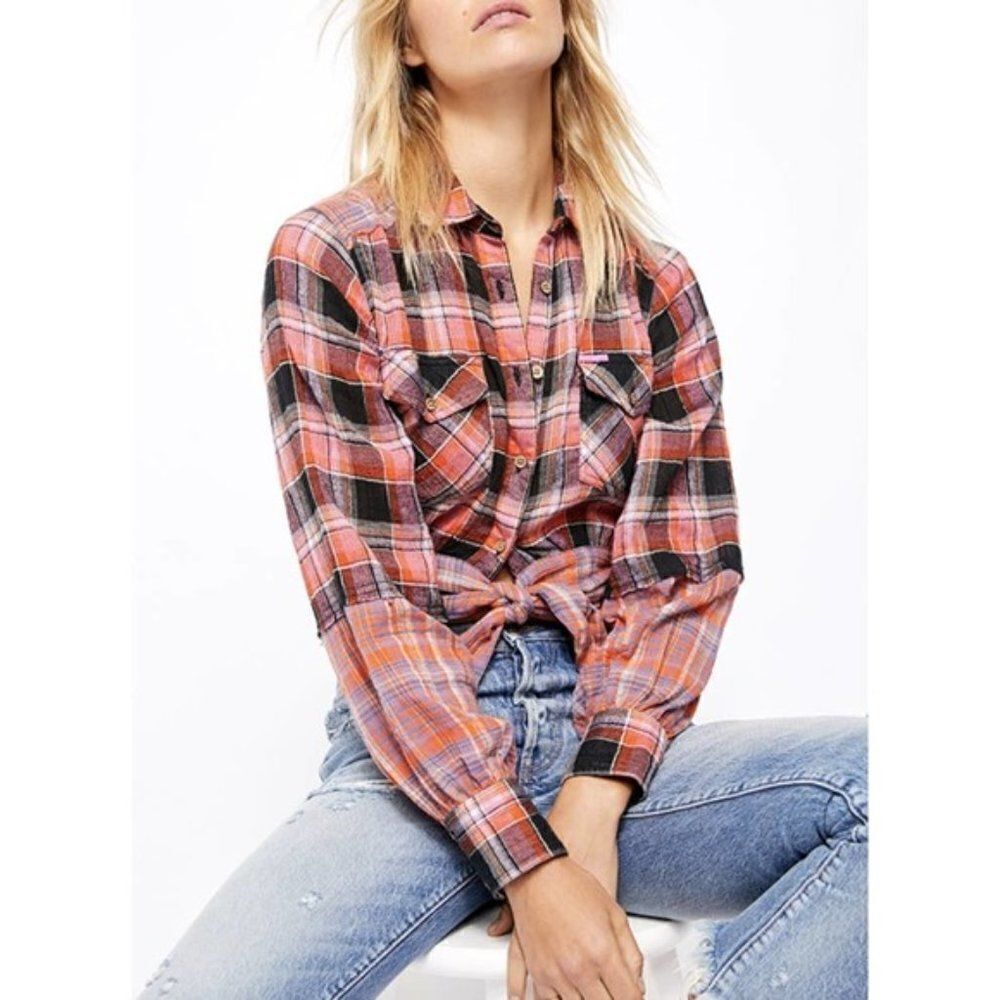 Free People First Bloom Plaid Top size Small in Washed Pop - NEW
